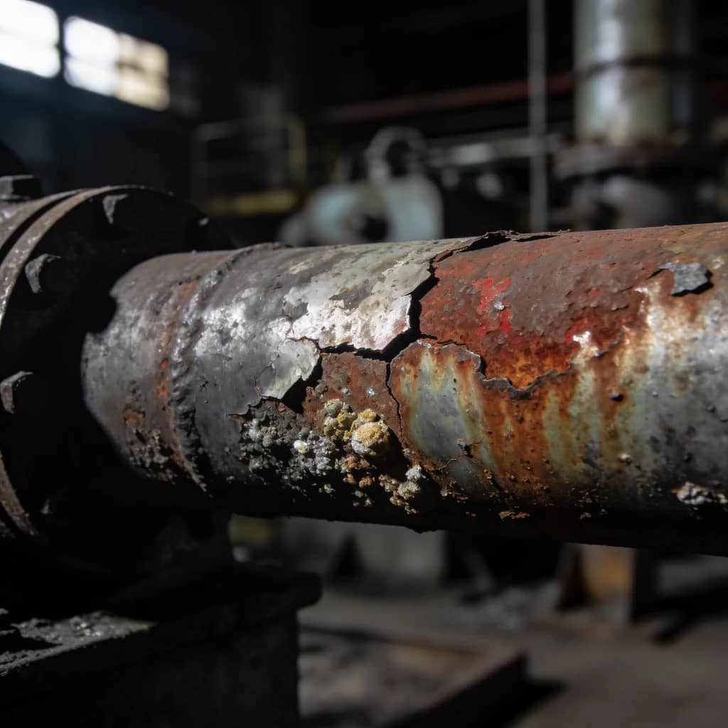 Corroded pipe interior with mineral scale buildup